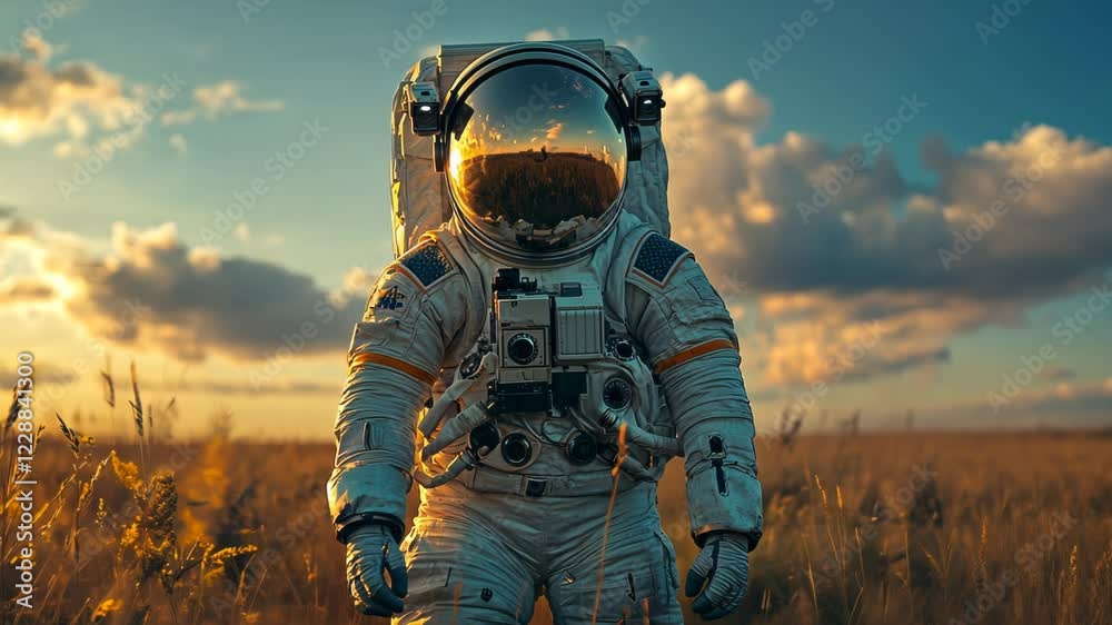 Astronaut standing in a golden field under a sunset sky, exploring Astronaut standing in a golden field under a sunset sky, exploring