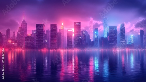 Neon cityscape reflection, night, harbor, futuristic, backdrop