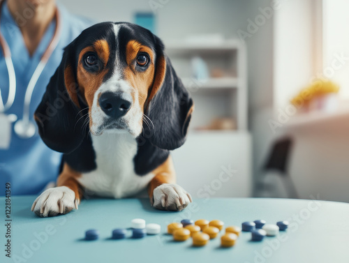 Veterinarian examining beagle dog with vitamins on table, showcasing caring environment. dog looks attentive and healthy, reflecting importance of pet care