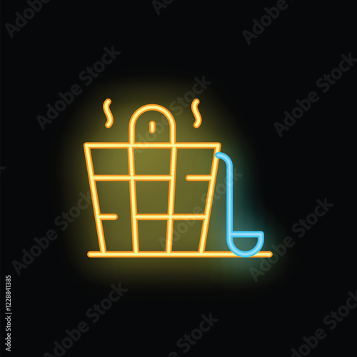 Yellow and blue neon icon of a sauna with ladle on wooden shelf illustrating spa treatment