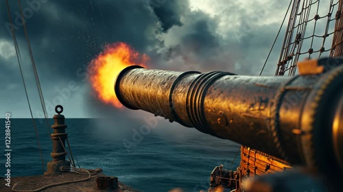 Cannon firing from a historic ship amidst stormy seas and dark clouds