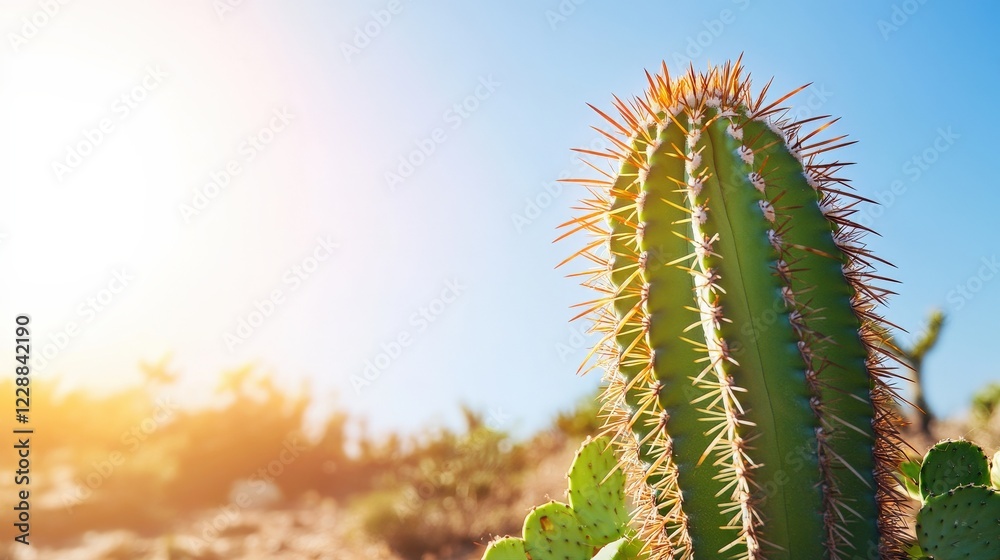 Sunlit cactus standing tall in a desert landscape with vibrant green spines and warm sunlight Sunlit cactus standing tall in a desert landscape with vibrant green spines and warm sunlight