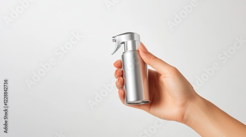 Female hand holding a spray can on white background Silver perfume spray can or deodorizing spray isoalate on white  photo