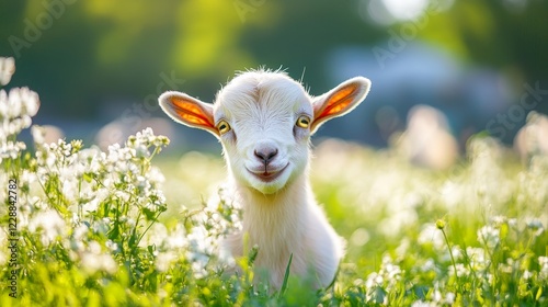 Funny portrait of a little goat on rural farm livestock Little goat grassing on green summer meadow at village countrysideMammal animals outdoors