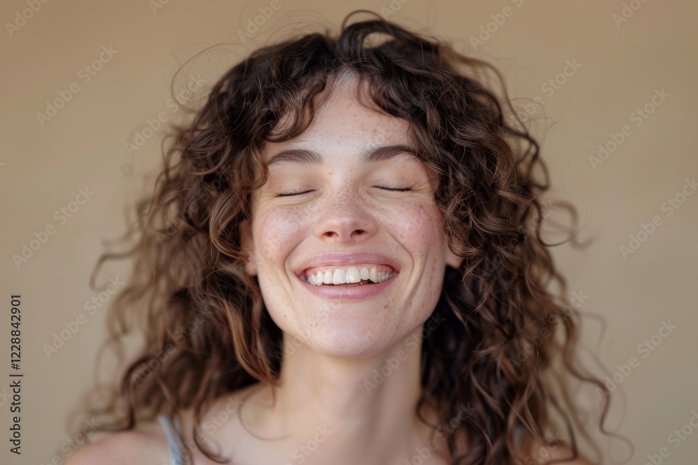 A beautiful portrait of a joyful woman with curly hair, exuding happiness and confidence while smiling with closed eyes. She appears carefree and content in the moment, radiating positivity A beautiful portrait of a joyful woman with curly hair, exuding happiness and confidence while smiling with closed eyes. She appears carefree and content in the moment, radiating positivity