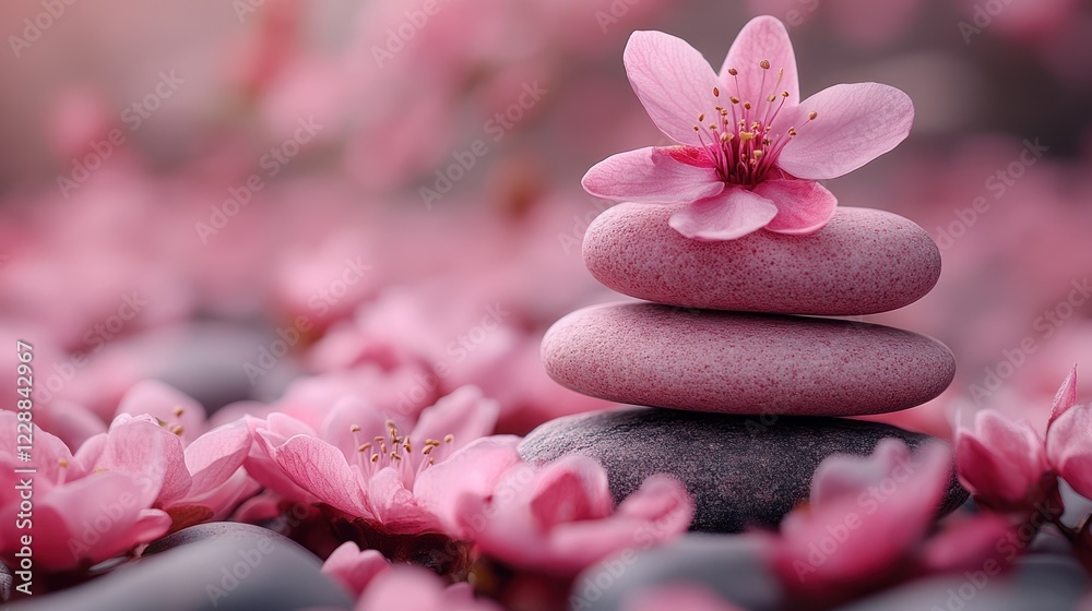 Pink stones, zen garden, cherry blossoms, serene Pink stones, zen garden, cherry blossoms, serene