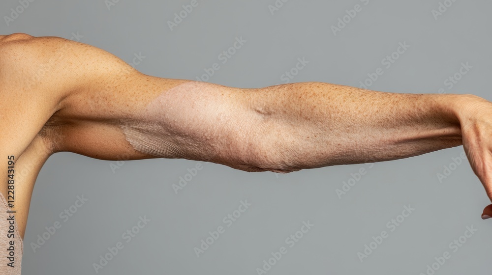 Cropped woman body showing arm with sagging skin on grey background Cropped woman body showing arm with sagging skin on grey background