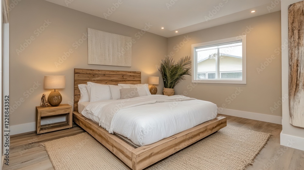 Modern bedroom, wood bed, coastal view, neutral decor, real estate Modern bedroom, wood bed, coastal view, neutral decor, real estate