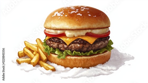 Juicy Cheeseburger with Golden French Fries on White Background