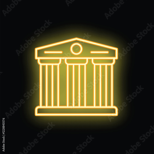 Neon yellow historical building facade with pillars icon glowing on black background