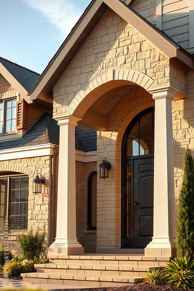 Luxury Home Exterior: Brick and Stone Facade with Elegant Porch and Columns. Modern Residential Architecture Design Luxury Home Exterior: Brick and Stone Facade with Elegant Porch and Columns. Modern Residential Architecture Design