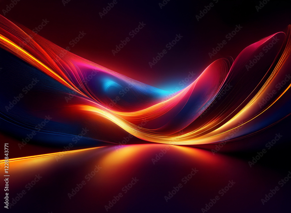 Fototapeta premium Abstract artwork featuring vibrant, flowing, luminous waves of red, orange, and blue hues, creating a dynamic, energetic, and visually striking composition. The dark background enhances the luminosit