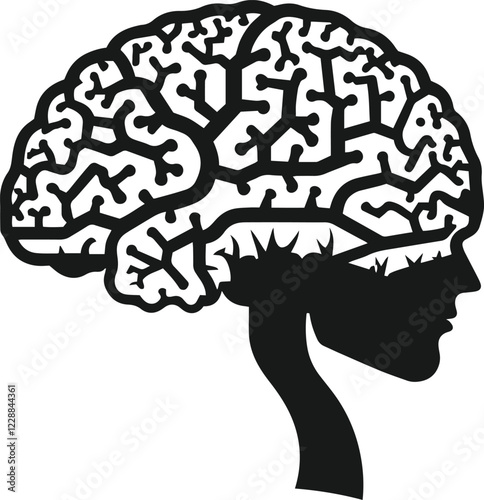 Human brain vector hand drawn anatomy illustration silhouette.