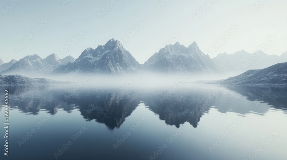 Fototapeta premium Serene mountain landscape reflecting in calm water with misty atmosphere and soft lighting