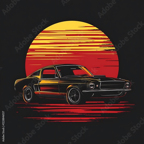 Retro muscle car graphic design, sunset background. Possible use T-shirt design, poster