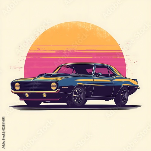 Retro Muscle Car Sunset Graphic Design photo