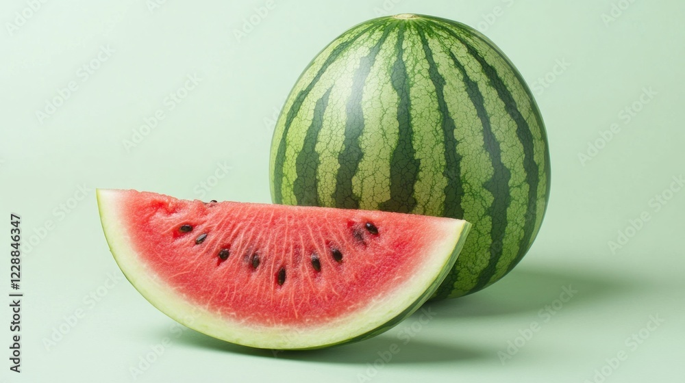 Ripe watermelon slice, whole fruit, green background, summer refreshment Ripe watermelon slice, whole fruit, green background, summer refreshment