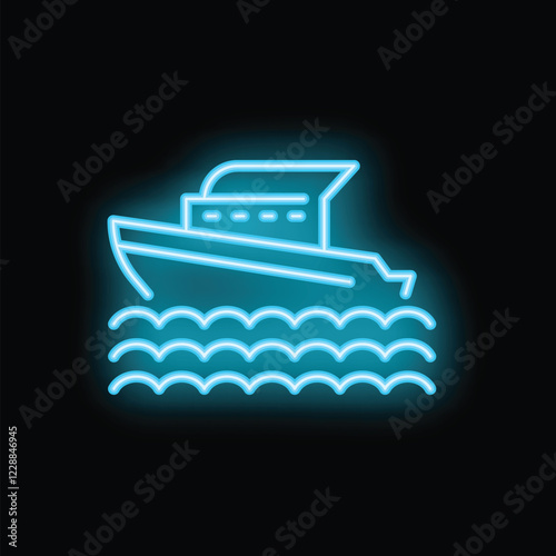 Neon sign representing a yacht sailing on stylized water waves, with a minimalist design