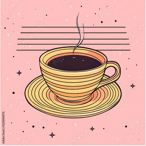 Cartoon coffee cup, steaming, on pastel background, for social media or print photo