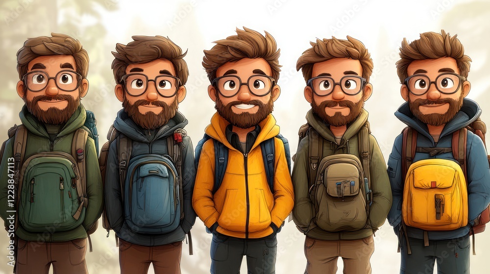 Naklejka premium Five hikers, forest backdrop, illustration, avatars, adventure