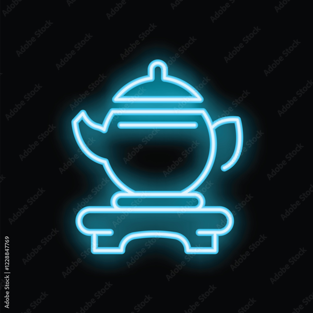 Neon blue icon of a teapot standing on a small table, glowing on a black background Neon blue icon of a teapot standing on a small table, glowing on a black background