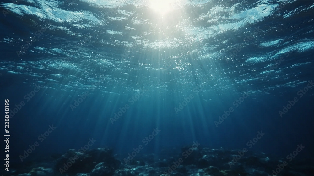 Fototapeta premium Deep blue ocean with penetrating sunlight showcasing vast underwater depth and solitude concept minimalistic bright tone modern blurred background with empty blank caption space on the side