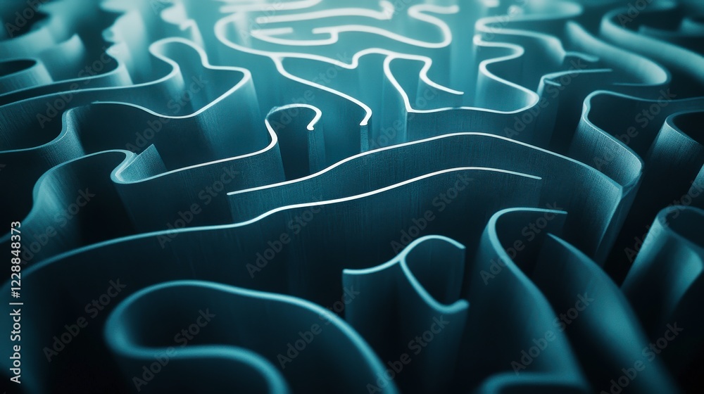 Obraz premium Abstract 3D Maze: Intricate Teal Pathways and Undulating Forms
