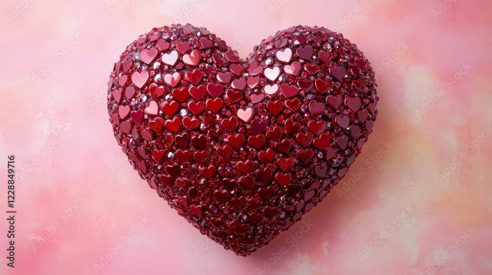 Obraz premium Many red metallic textured hearts in form of a big heart on pink backdrop. Valentine day background. 3d render illustration. 3D Illustration