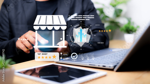 Customers review the online shopping platform. Local business reviews and customer feedback, showcasing star ratings. Digital marketing, local SEO.