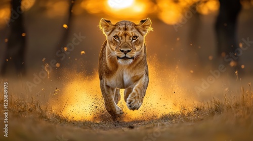 Lioness sunset Savannah run wildlife documentary photo