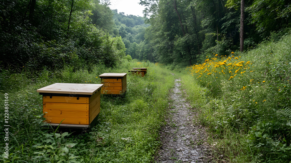 Beehives in a forest clearing, nature trail background, rural setting, ideal for honey production and environmental conservation