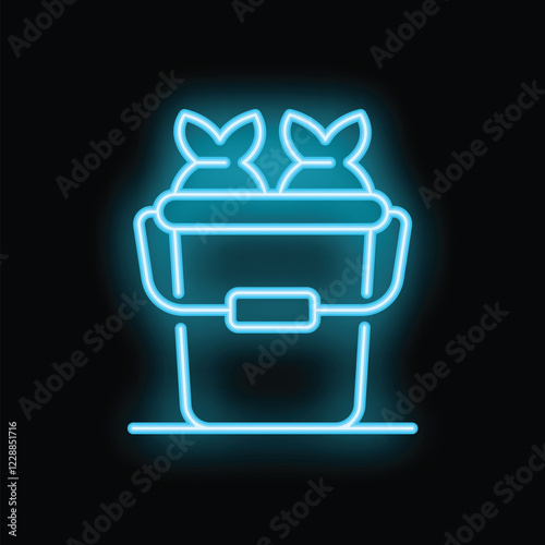 Glowing blue neon trash can overflowing with garbage bags icon isolated on a black background
