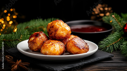 Christmas dessert, glazed cheese balls, festive table setting photo