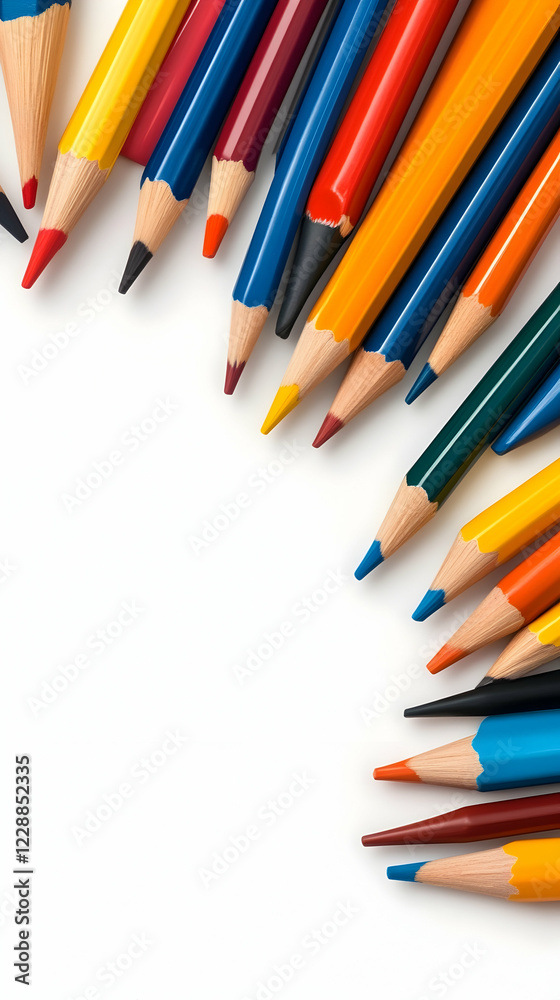 Colorful pencils arranged on white background, creating space for text; ideal for education, art, or stationery marketing Colorful pencils arranged on white background, creating space for text; ideal for education, art, or stationery marketing