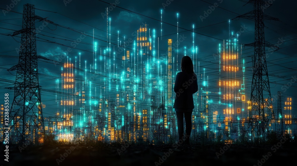 Woman observing futuristic smart city energy grid at night Woman observing futuristic smart city energy grid at night