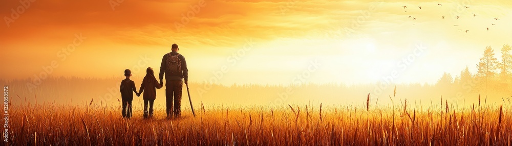Family sunset walk, golden field, happy children Family sunset walk, golden field, happy children