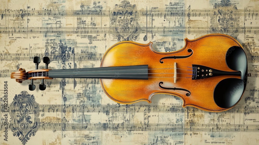 Fototapeta premium Vintage viola on sheet music background