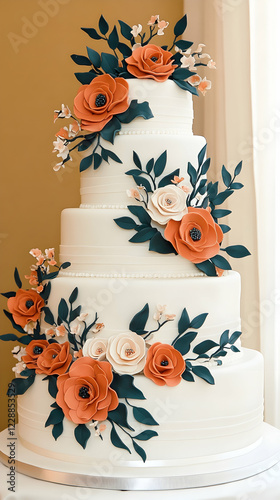 Elegant four-tiered wedding cake with burnt orange and cream sugar flowers, indoor setting photo