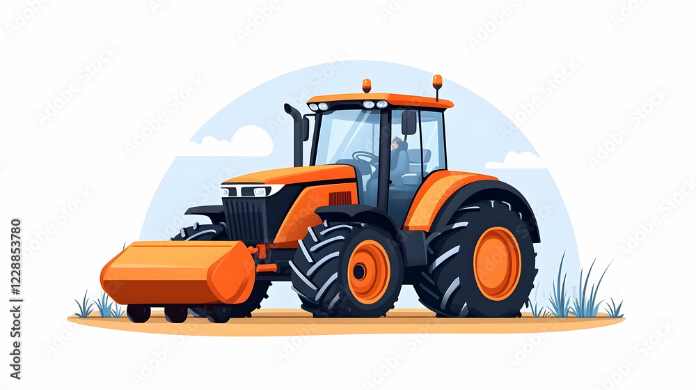 Naklejka premium Farmer operating orange tractor mowing field, rural landscape background. Agricultural machinery illustration for farming websites