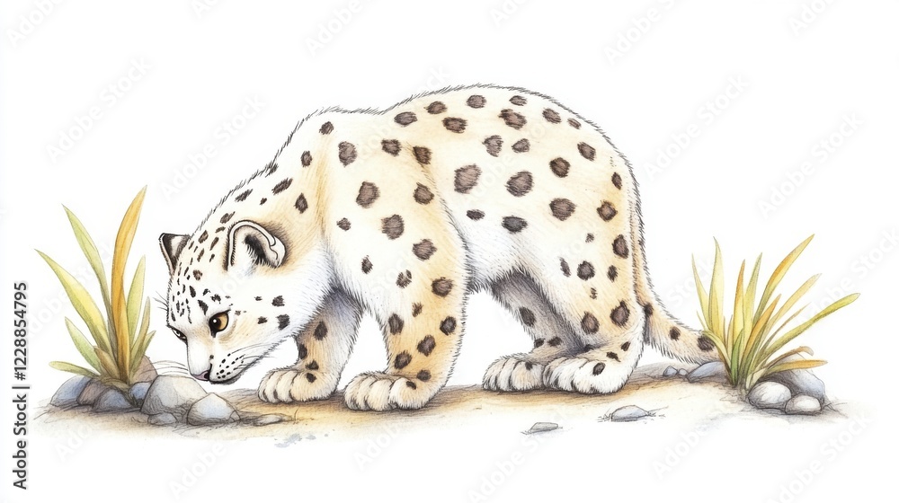 Fototapeta premium Pale Snow Leopard in Watercolor Illustration with Yellow Green Grasses