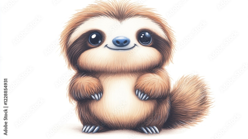 Fototapeta premium Adorable Brown Cartoon Sloth with Big Eyes on White Background