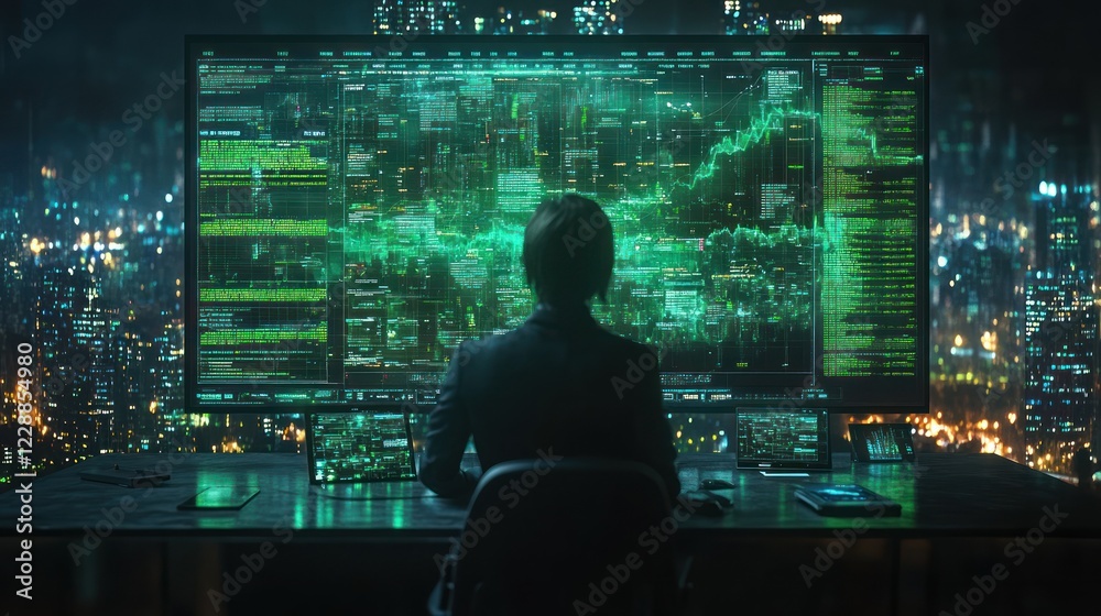 Analyst reviewing data, night city backdrop Analyst reviewing data, night city backdrop