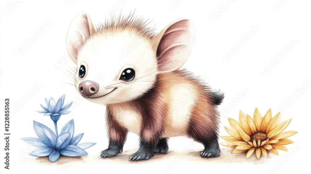 Obraz premium Adorable Cartoon Baby Piglet Among Blue and Yellow Flowers Watercolor Illustration