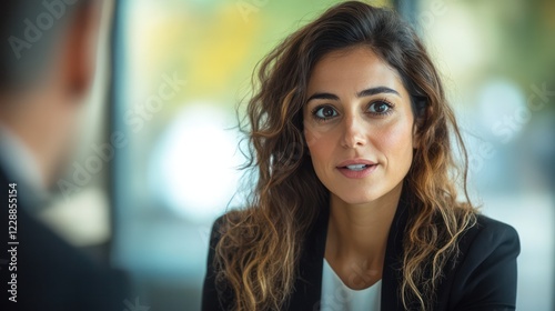 AA woman with long brown hair is smiling at the camera. photo