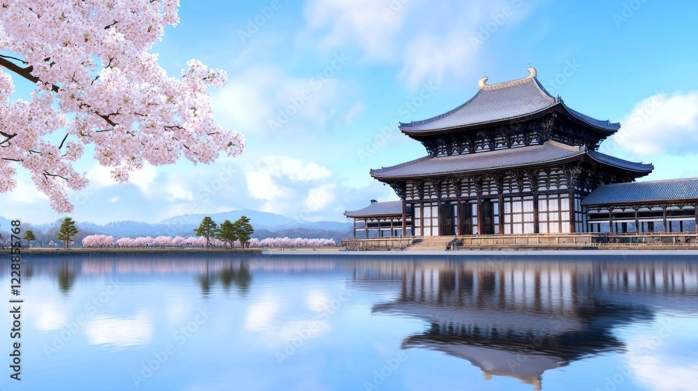 Fototapeta premium Japanese Temple with Cherry Blossoms and Reflection in Calm Water