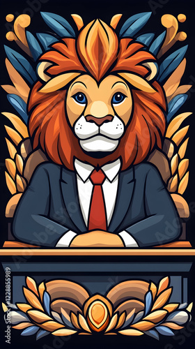 Lion CEO in office, tropical background, leadership concept, profile picture photo