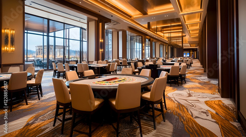 Luxurious casino gaming room with large windows overlooking a scenic landscape, perfect for high-roller gambling