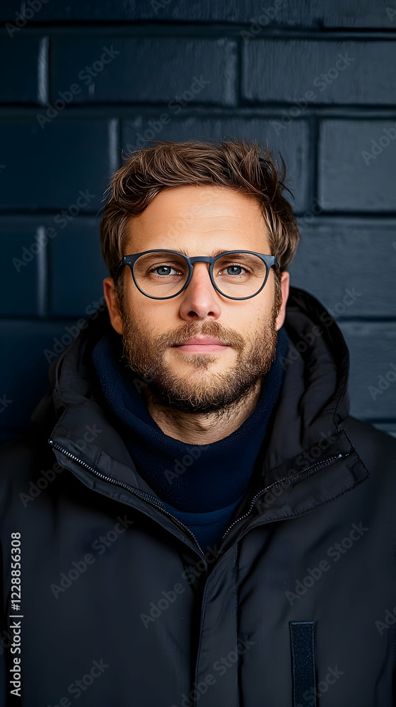 Obraz premium Man in glasses, dark jacket, brick wall background, portrait for website profile