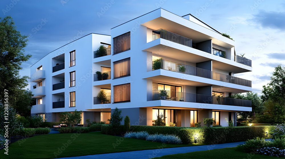 Fototapeta premium Modern apartment building at dusk, landscaped grounds, suburban setting; real estate advertisement