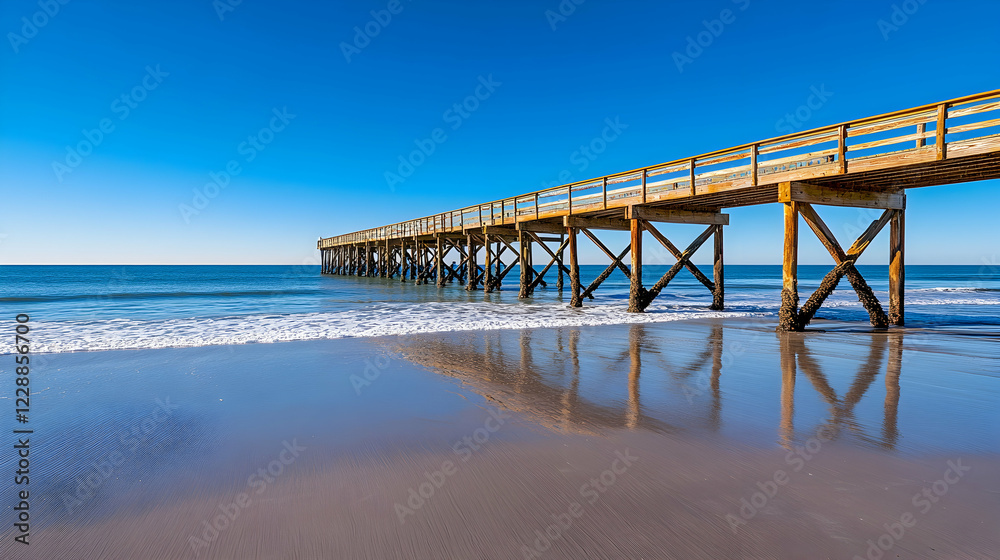 Fototapeta premium Ocean pier, sunny beach, waves, clear sky, coastal tourism